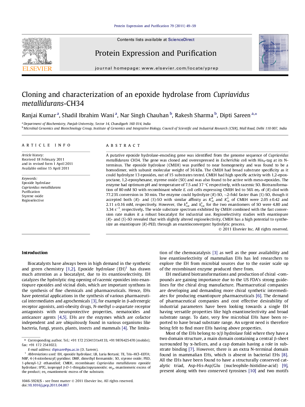 Cloning and characterization of an epoxide hydrolase from Cupriavidus metallidurans-CH34