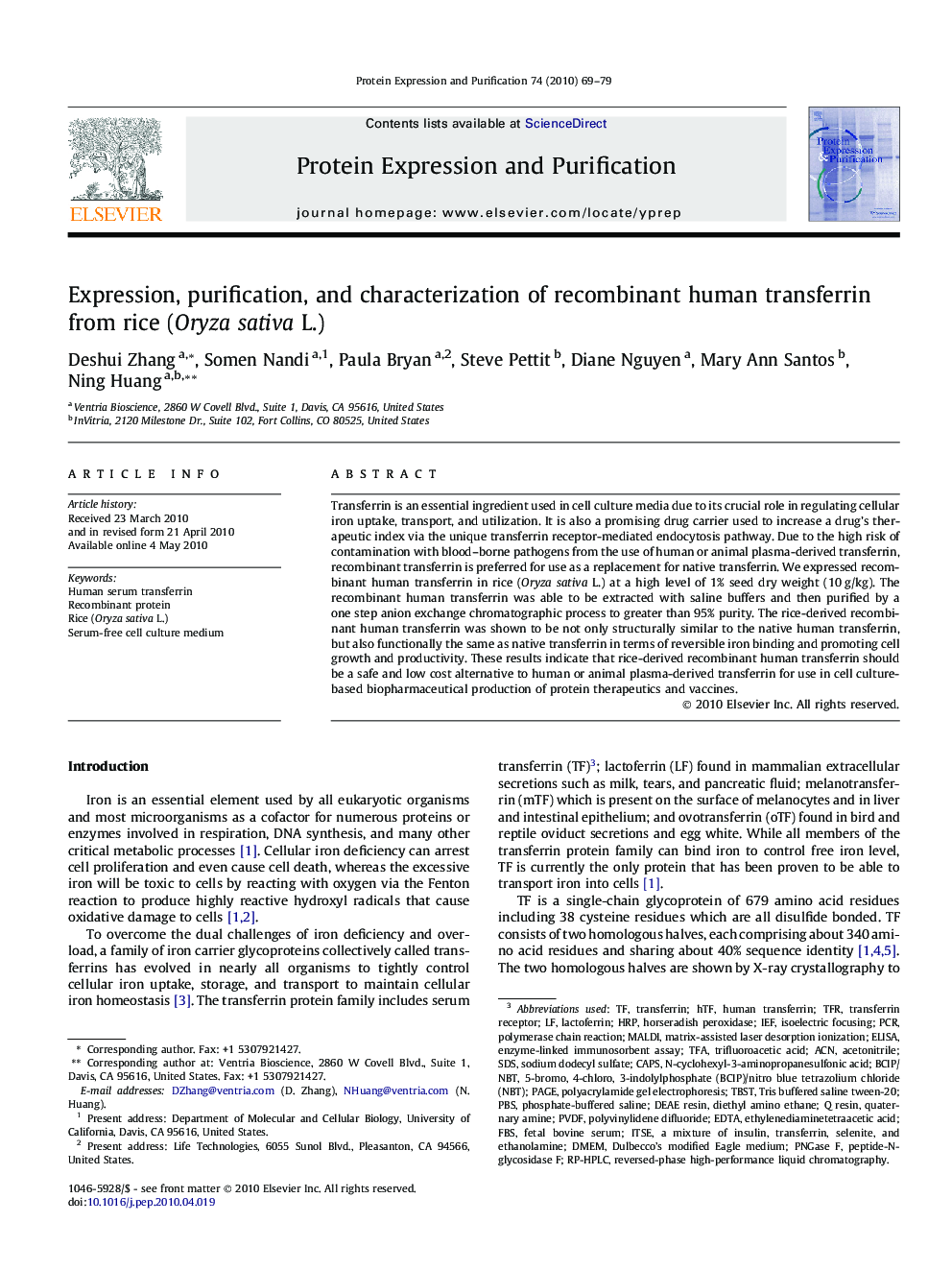 Expression, purification, and characterization of recombinant human transferrin from rice (Oryza sativa L.)