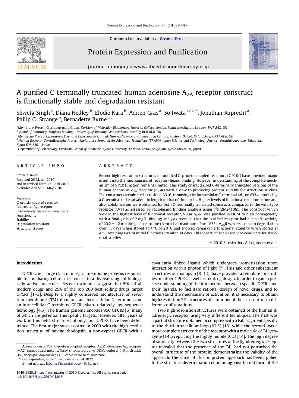 A purified C-terminally truncated human adenosine A2A receptor construct is functionally stable and degradation resistant