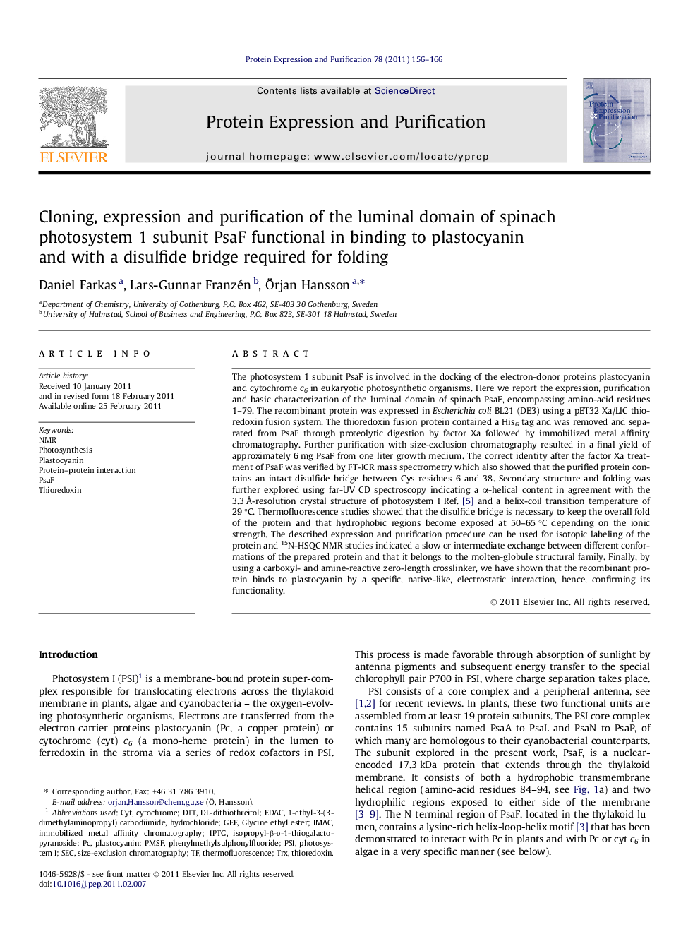 Cloning, expression and purification of the luminal domain of spinach photosystem 1 subunit PsaF functional in binding to plastocyanin and with a disulfide bridge required for folding