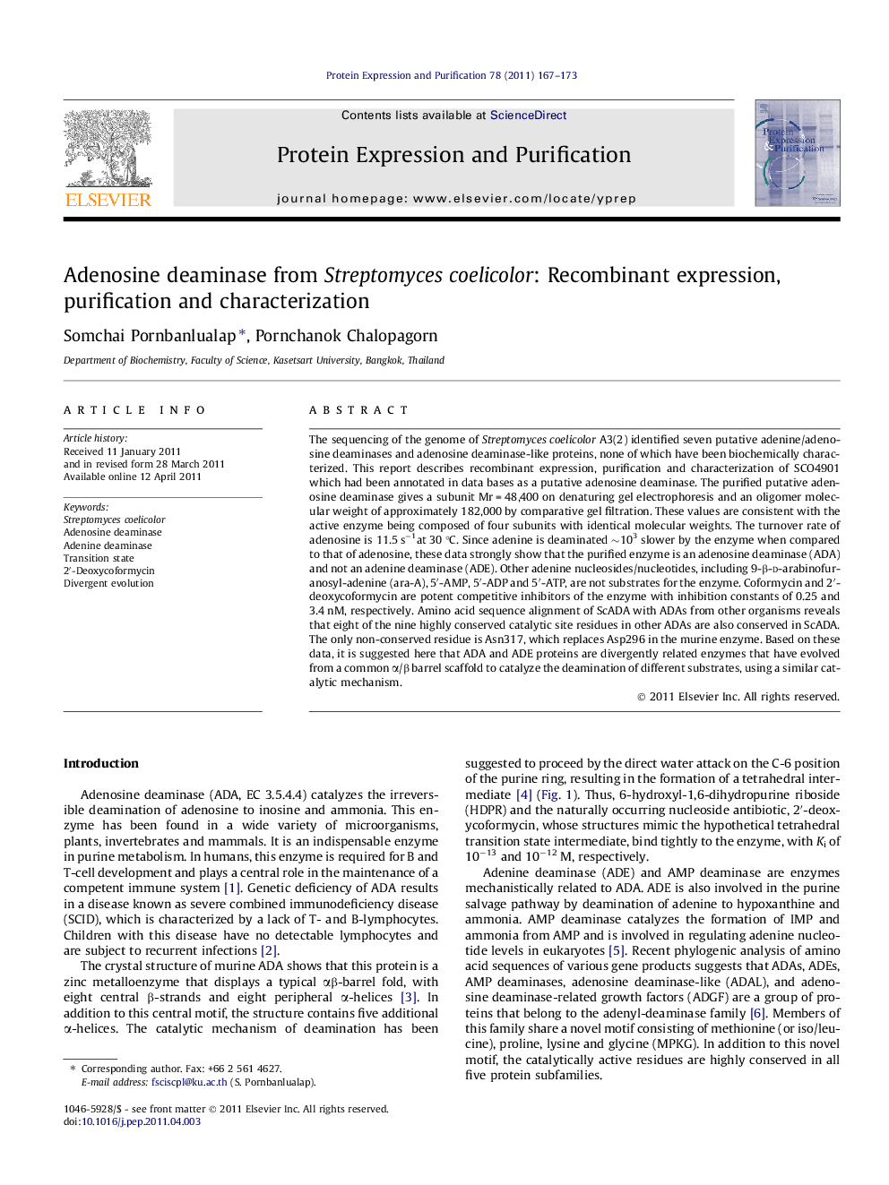 Adenosine deaminase from Streptomyces coelicolor: Recombinant expression, purification and characterization