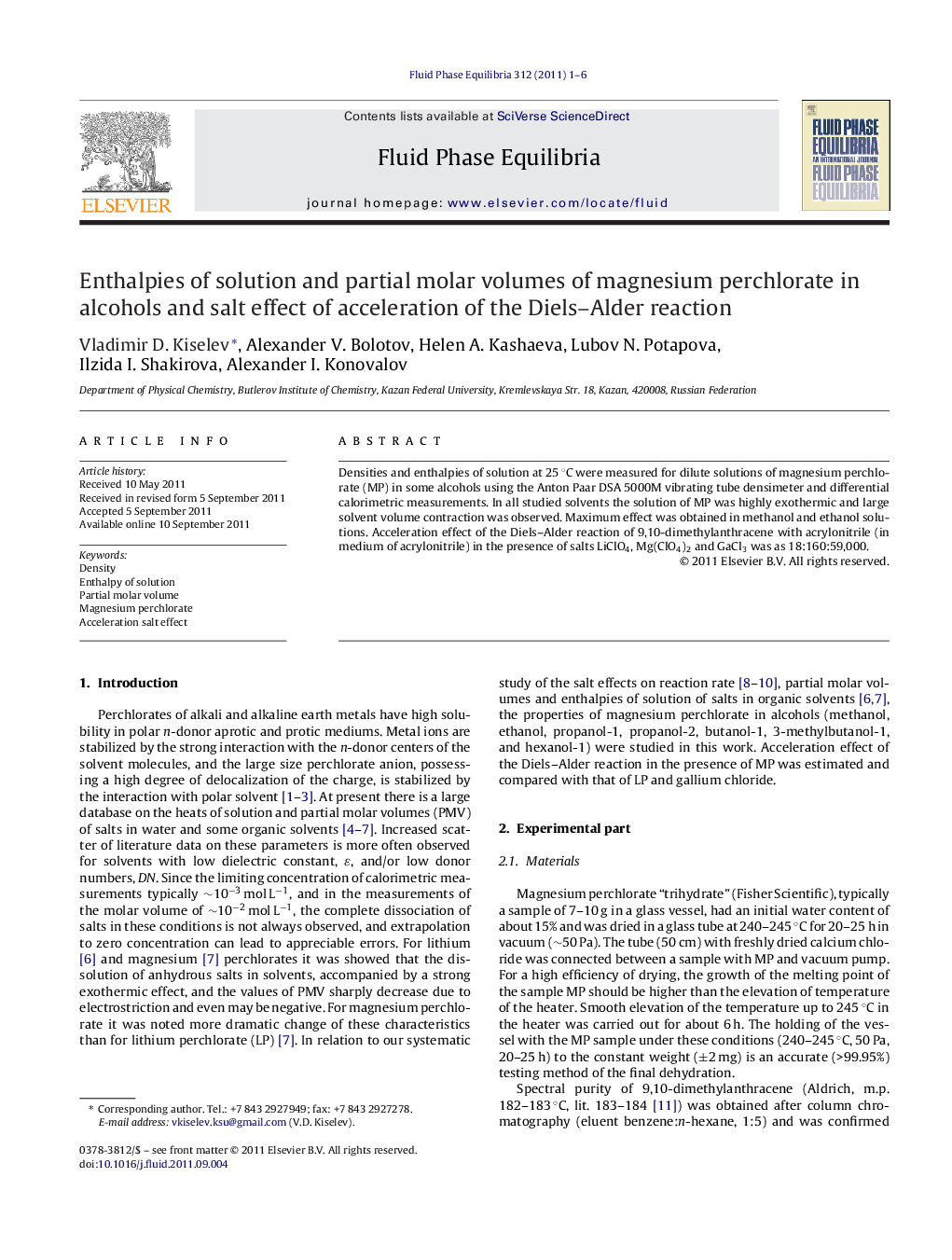 Enthalpies of solution and partial molar volumes of magnesium perchlorate in alcohols and salt effect of acceleration of the Diels–Alder reaction