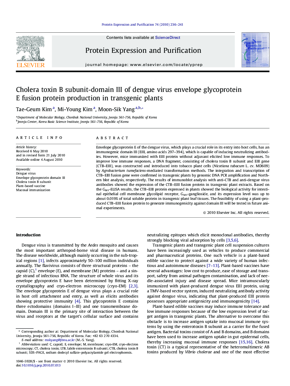 Cholera toxin B subunit-domain III of dengue virus envelope glycoprotein E fusion protein production in transgenic plants