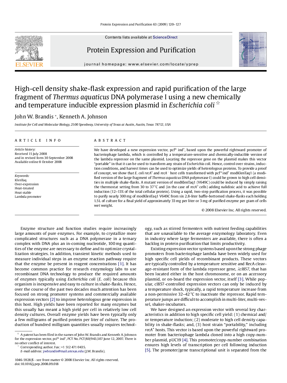 High-cell density shake-flask expression and rapid purification of the large fragment of Thermus aquaticus DNA polymerase I using a new chemically and temperature inducible expression plasmid in Escherichia coli 