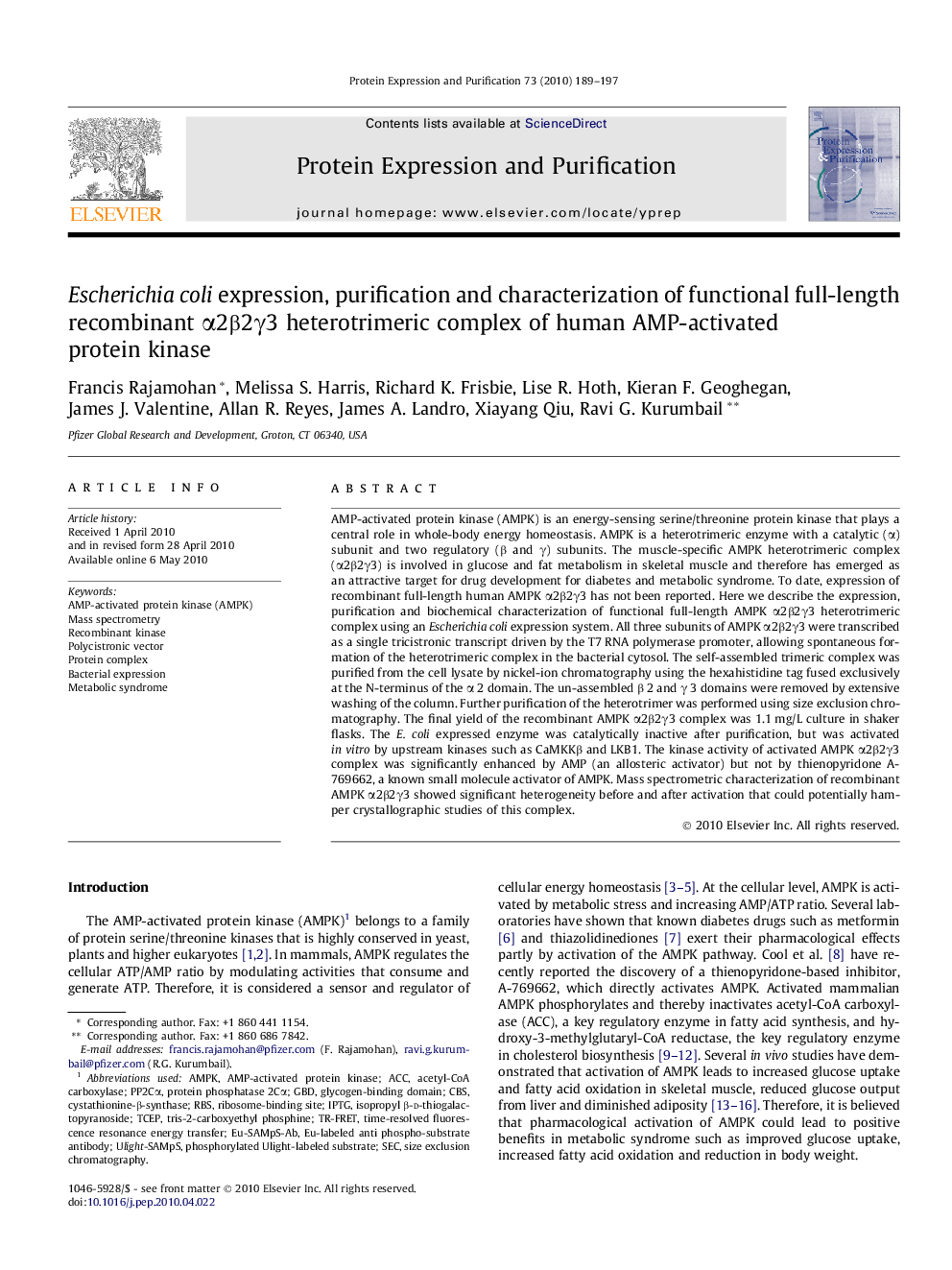 Escherichia coli expression, purification and characterization of functional full-length recombinant α2β2γ3 heterotrimeric complex of human AMP-activated protein kinase