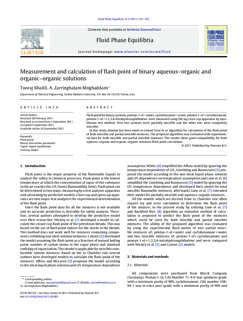 Measurement and calculation of flash point of binary aqueous–organic and organic–organic solutions