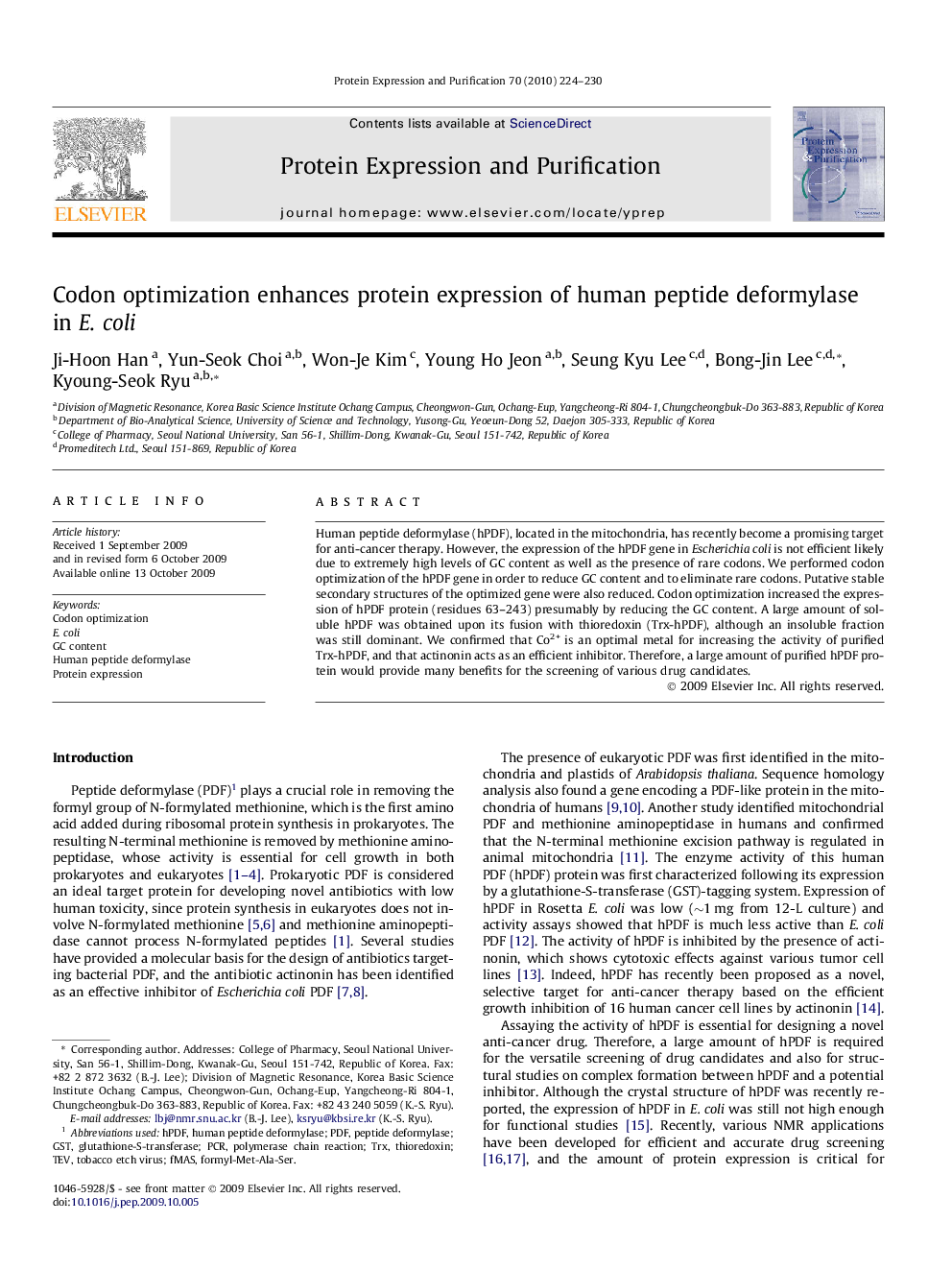 Codon optimization enhances protein expression of human peptide deformylase in E. coli