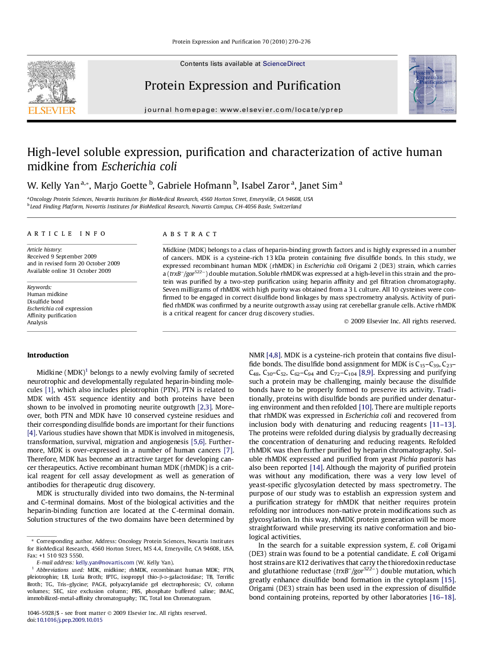 High-level soluble expression, purification and characterization of active human midkine from Escherichia coli