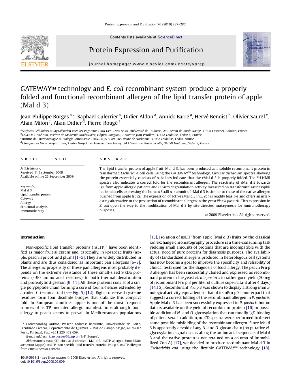 GATEWAYâ¢ technology and E. coli recombinant system produce a properly folded and functional recombinant allergen of the lipid transfer protein of apple (Mal d 3)