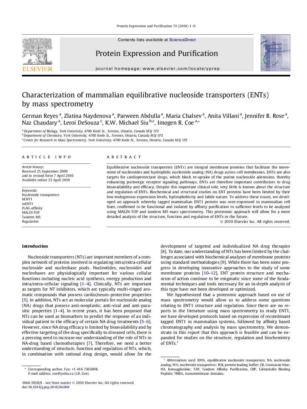 Characterization of mammalian equilibrative nucleoside transporters (ENTs) by mass spectrometry