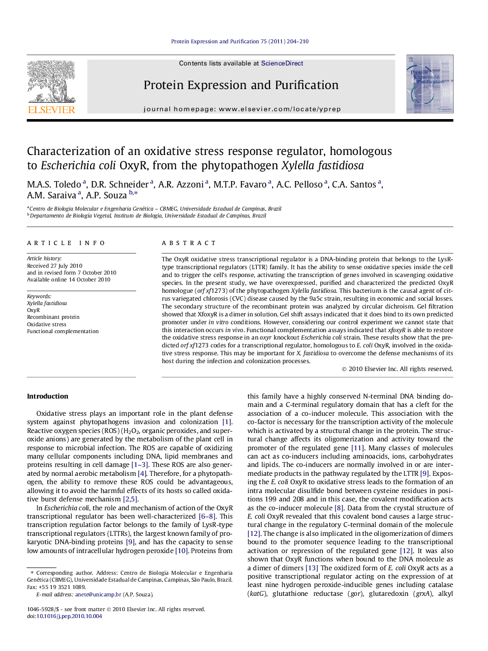 Characterization of an oxidative stress response regulator, homologous to Escherichia coli OxyR, from the phytopathogen Xylella fastidiosa