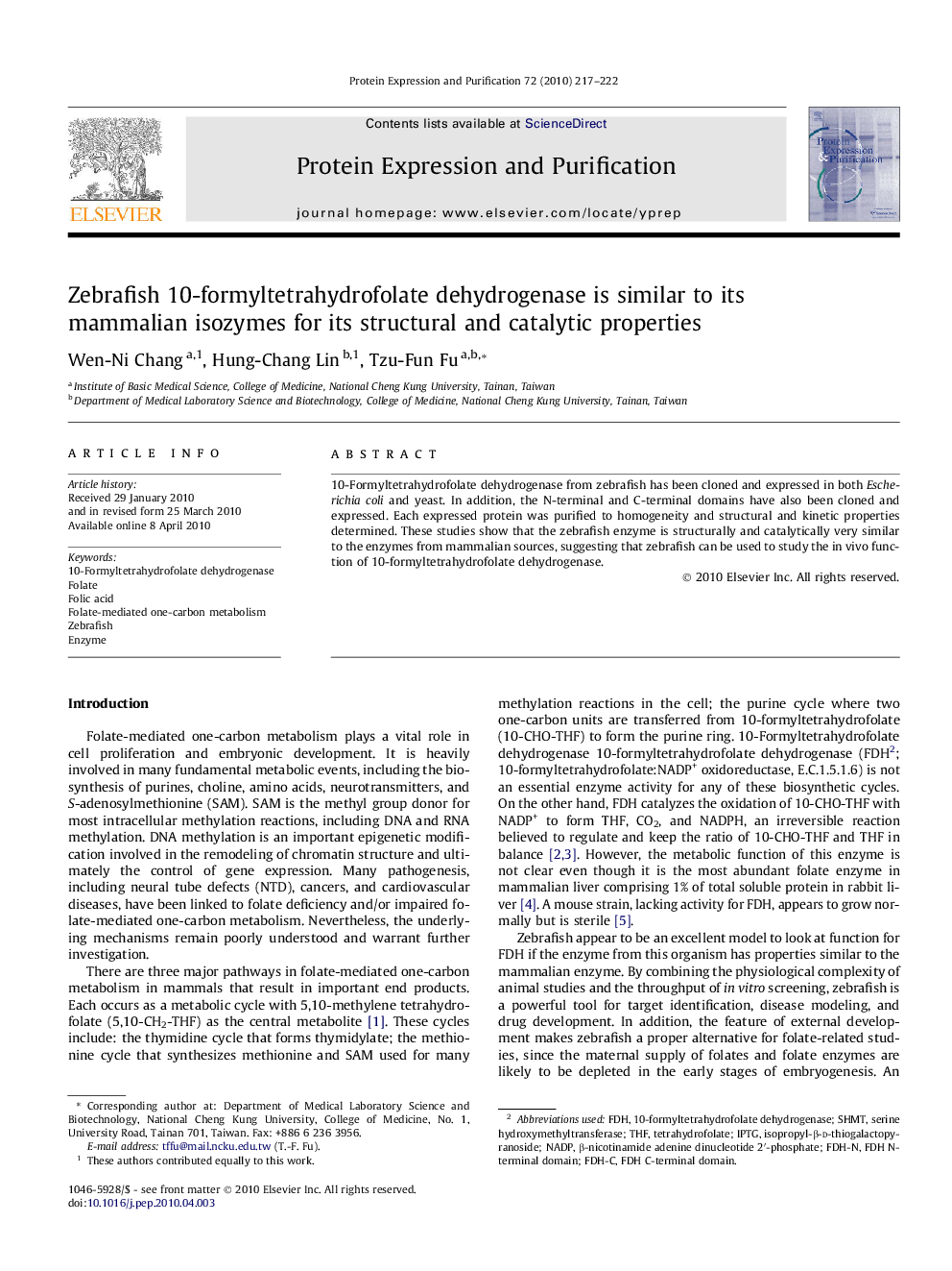 Zebrafish 10-formyltetrahydrofolate dehydrogenase is similar to its mammalian isozymes for its structural and catalytic properties