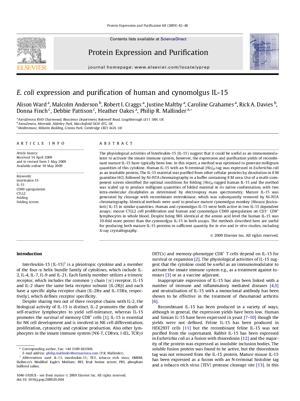 E. coli expression and purification of human and cynomolgus IL-15