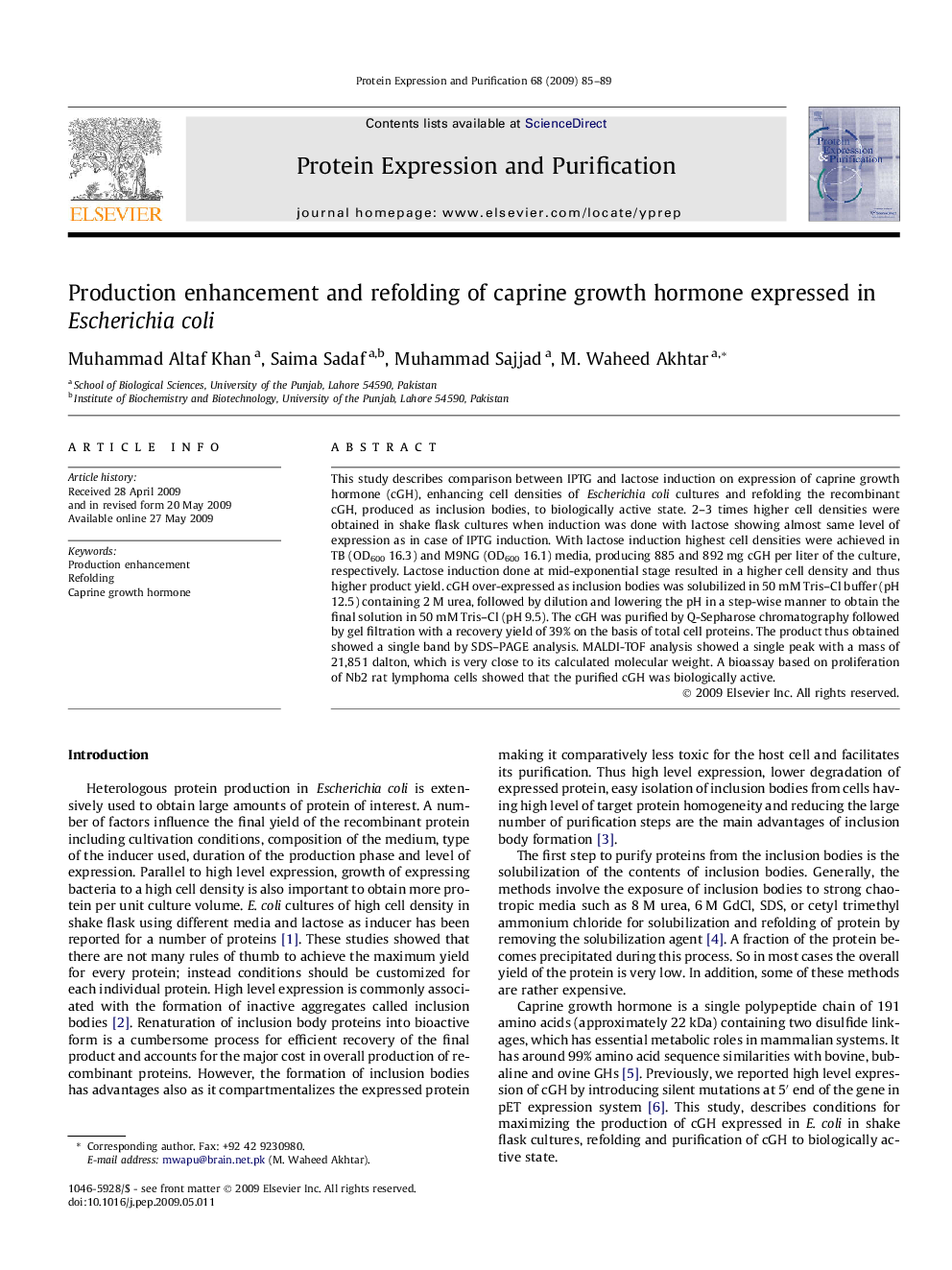 Production enhancement and refolding of caprine growth hormone expressed in Escherichia coli