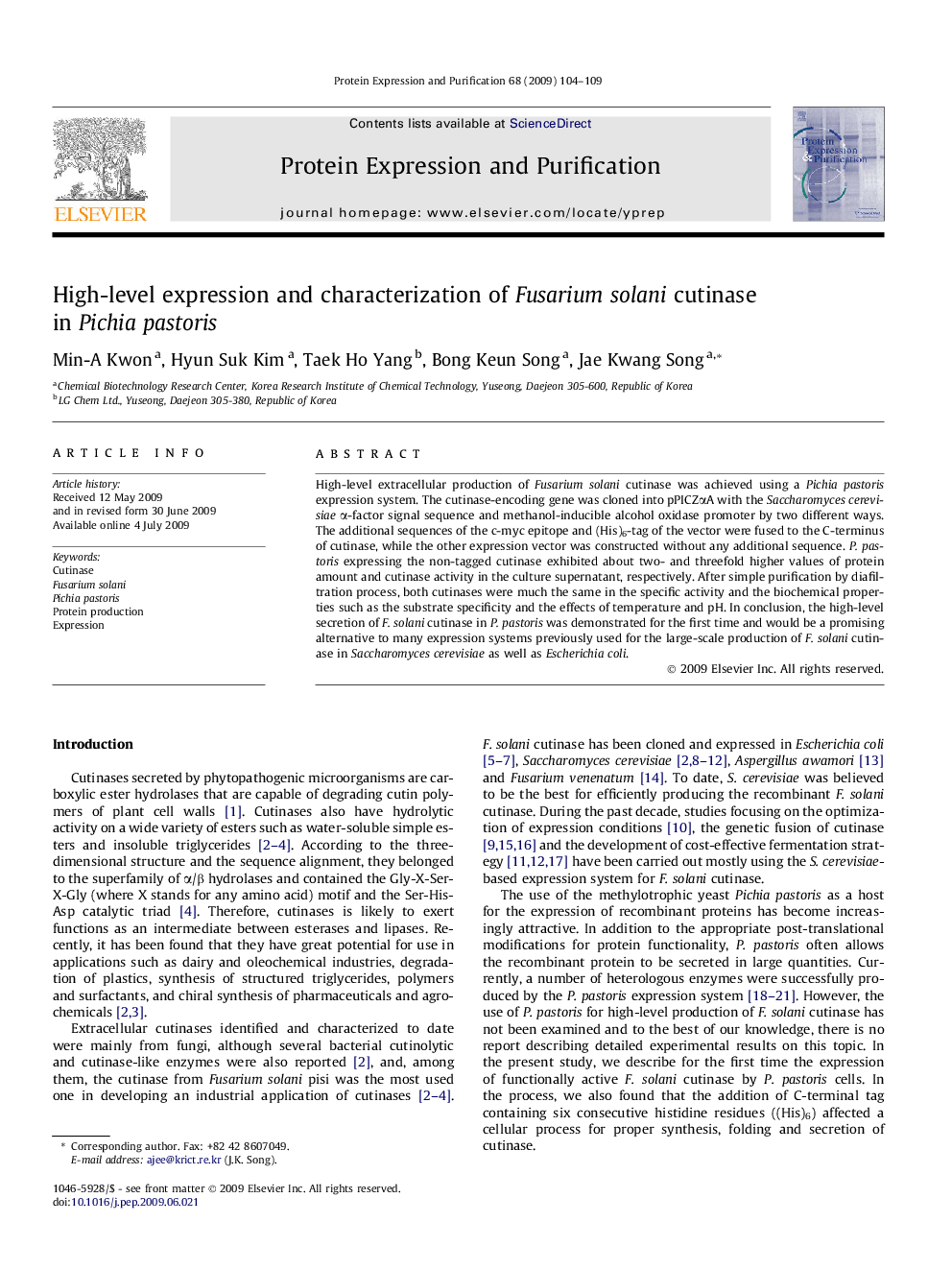 High-level expression and characterization of Fusarium solani cutinase in Pichia pastoris