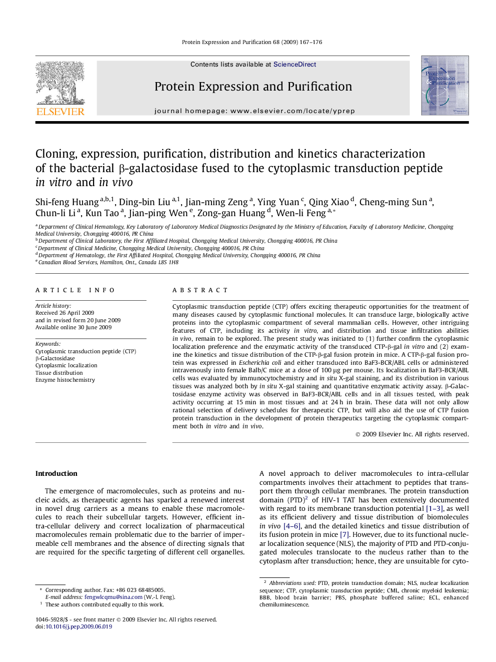 Cloning, expression, purification, distribution and kinetics characterization of the bacterial β-galactosidase fused to the cytoplasmic transduction peptide in vitro and in vivo