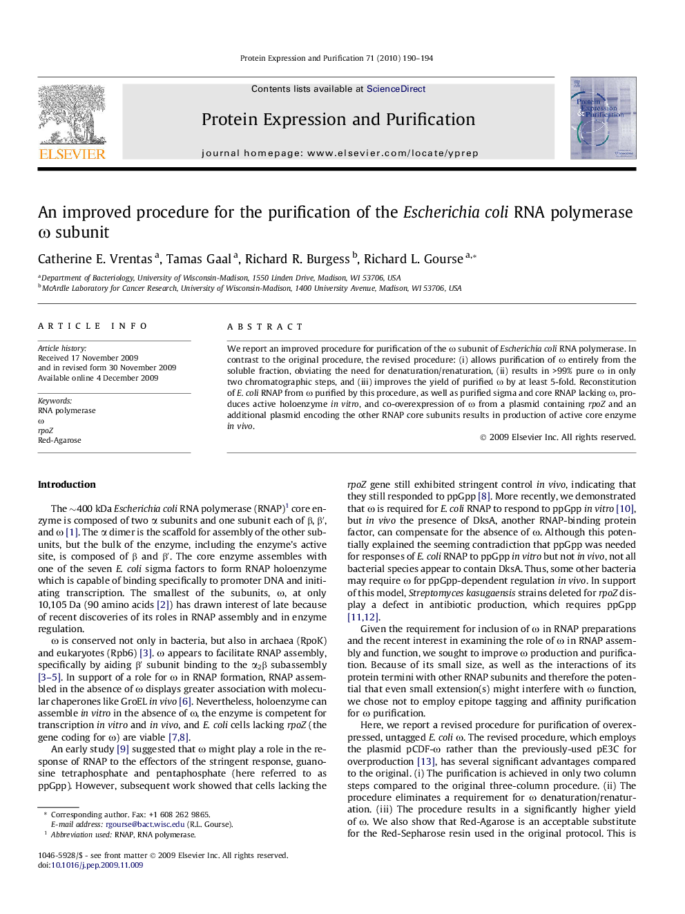 An improved procedure for the purification of the Escherichia coli RNA polymerase ω subunit