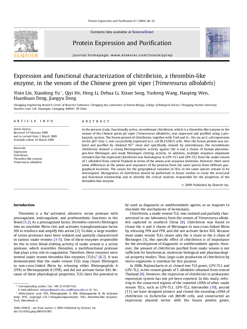 Expression and functional characterization of chitribrisin, a thrombin-like enzyme, in the venom of the Chinese green pit viper (Trimeresurus albolabris)