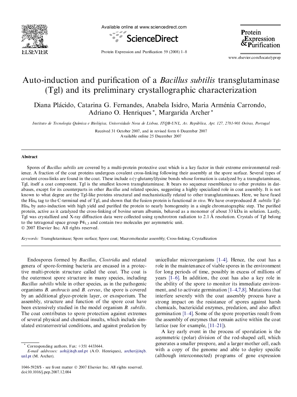 Auto-induction and purification of a Bacillus subtilis transglutaminase (Tgl) and its preliminary crystallographic characterization