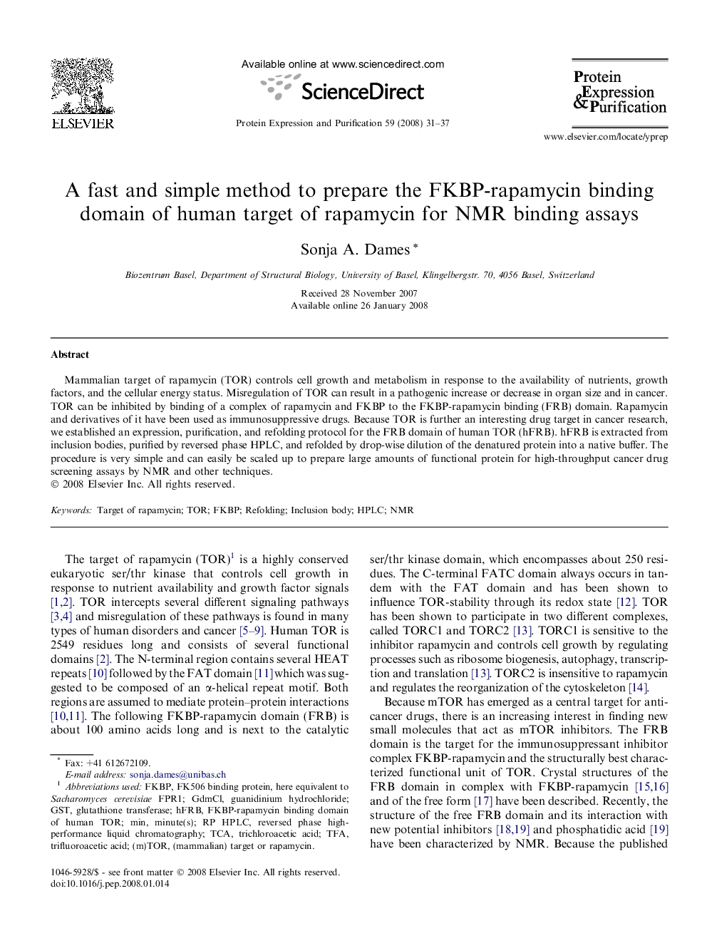 A fast and simple method to prepare the FKBP-rapamycin binding domain of human target of rapamycin for NMR binding assays