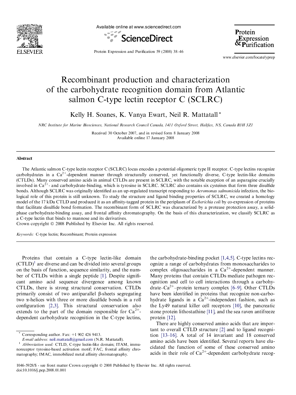 Recombinant production and characterization of the carbohydrate recognition domain from Atlantic salmon C-type lectin receptor C (SCLRC)