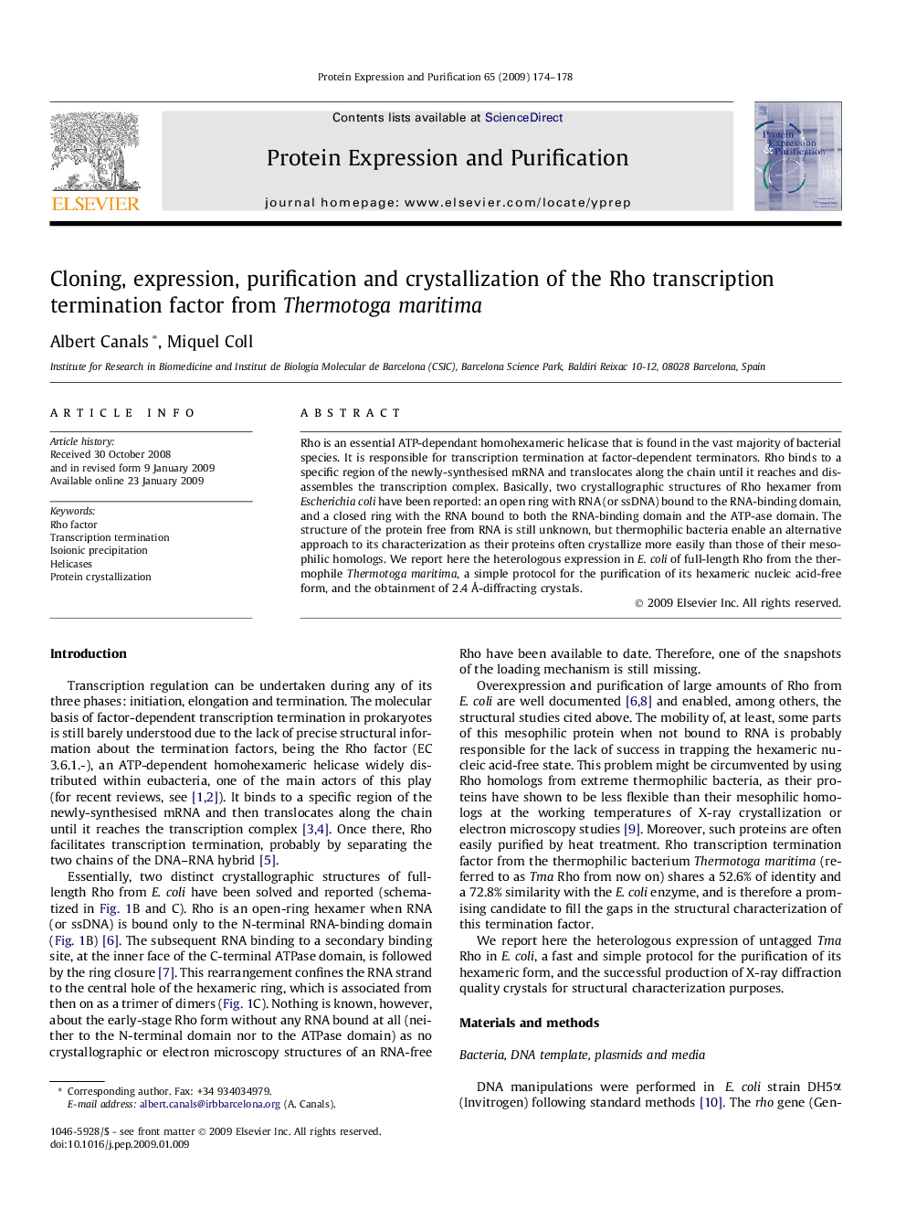 Cloning, expression, purification and crystallization of the Rho transcription termination factor from Thermotoga maritima