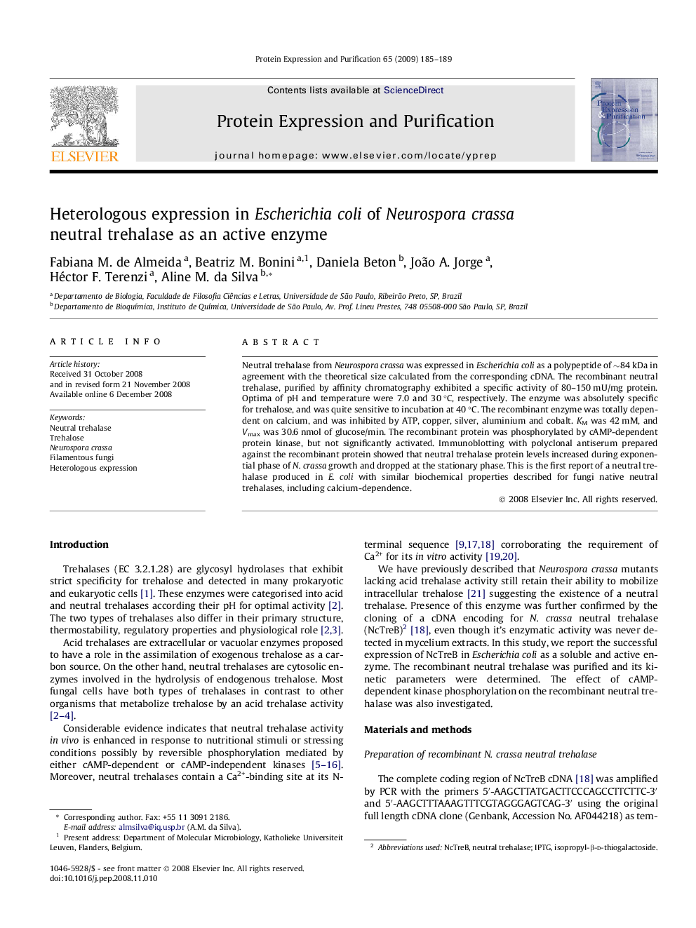 Heterologous expression in Escherichia coli of Neurospora crassa neutral trehalase as an active enzyme