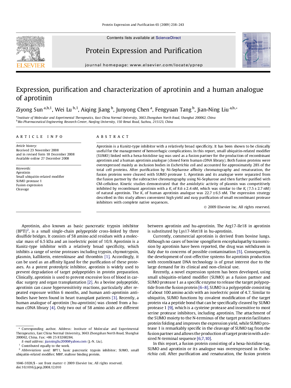 Expression, purification and characterization of aprotinin and a human analogue of aprotinin