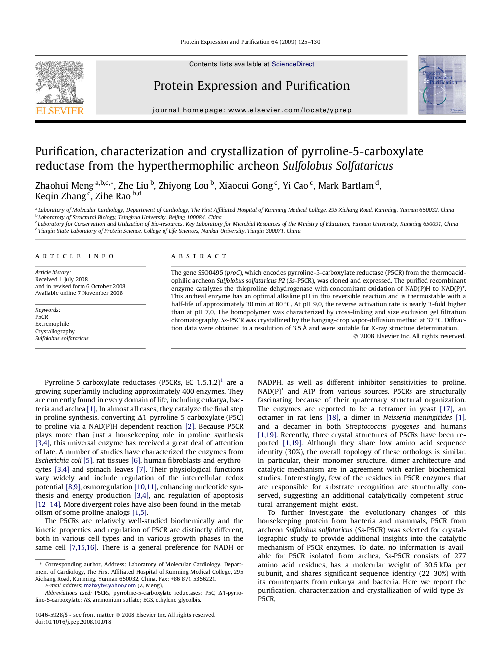 Purification, characterization and crystallization of pyrroline-5-carboxylate reductase from the hyperthermophilic archeon Sulfolobus Solfataricus