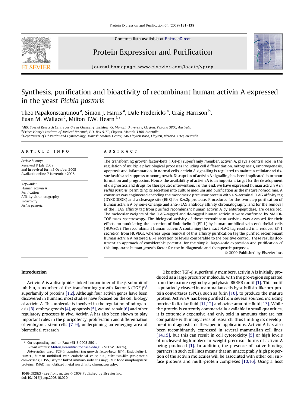 Synthesis, purification and bioactivity of recombinant human activin A expressed in the yeast Pichia pastoris