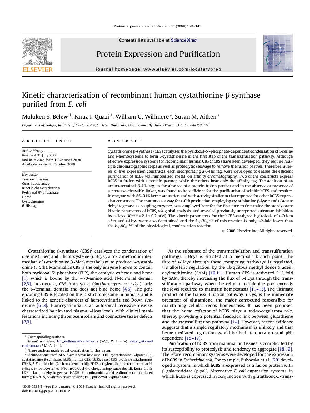 Kinetic characterization of recombinant human cystathionine β-synthase purified from E. coli