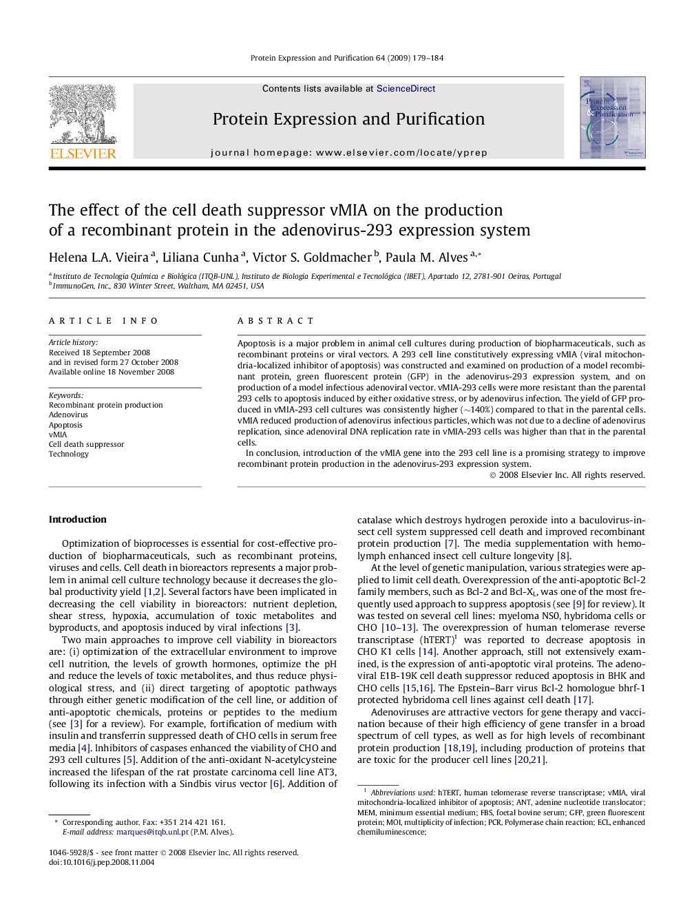 The effect of the cell death suppressor vMIA on the production of a recombinant protein in the adenovirus-293 expression system