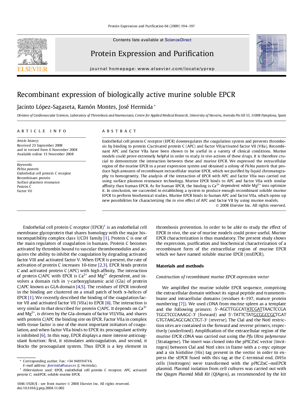 Recombinant expression of biologically active murine soluble EPCR