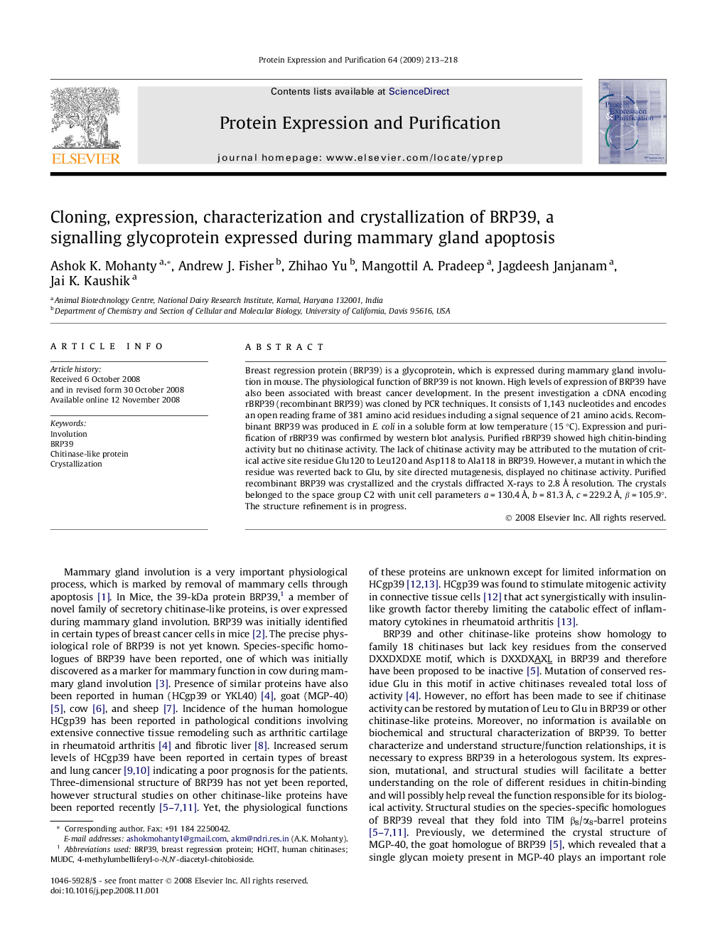 Cloning, expression, characterization and crystallization of BRP39, a signalling glycoprotein expressed during mammary gland apoptosis