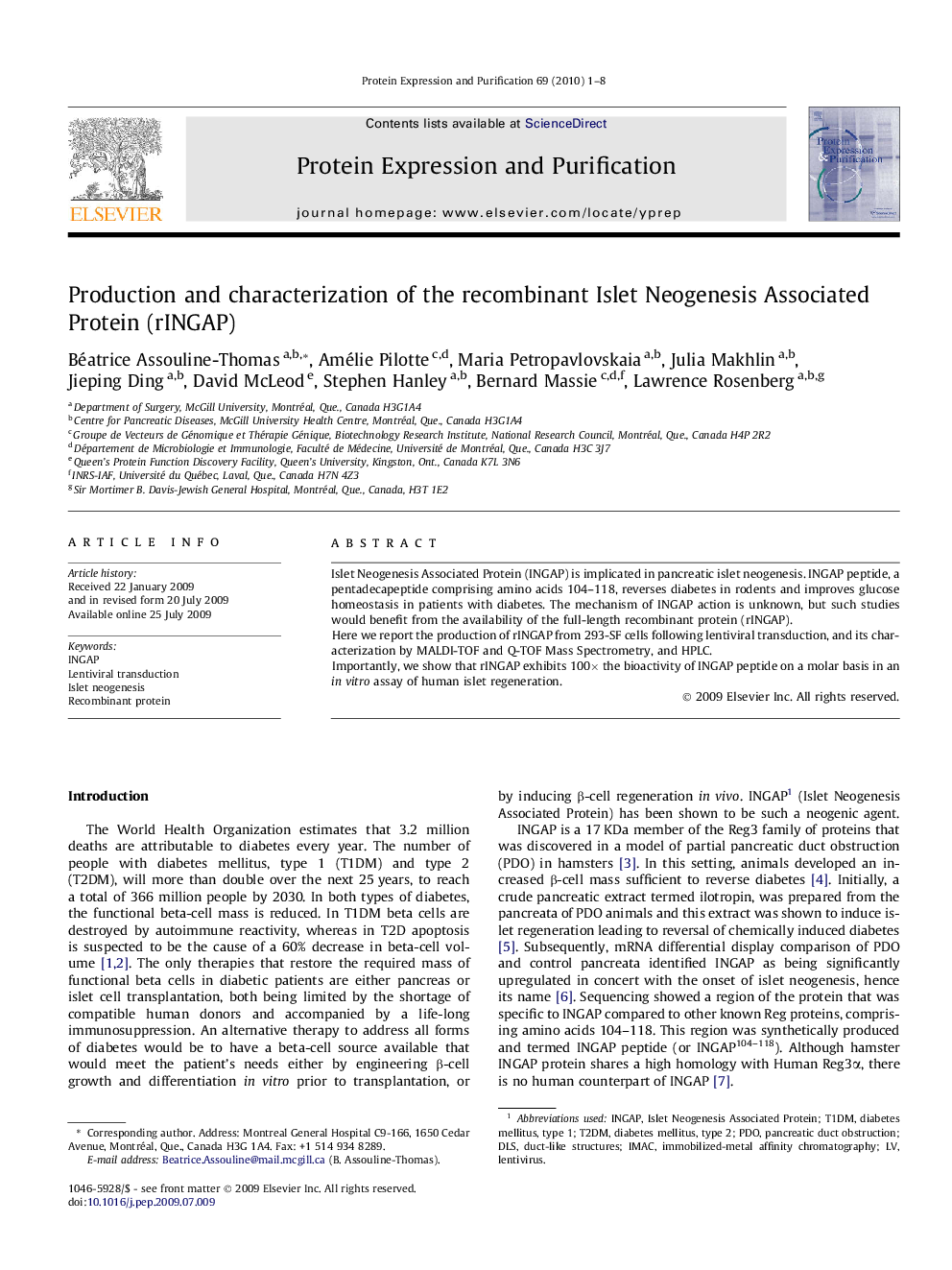 Production and characterization of the recombinant Islet Neogenesis Associated Protein (rINGAP)