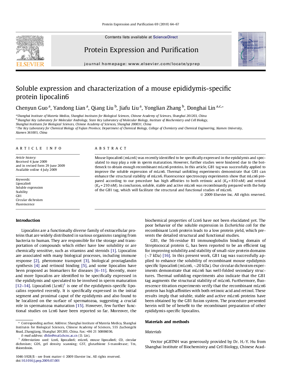 Soluble expression and characterization of a mouse epididymis-specific protein lipocalin6