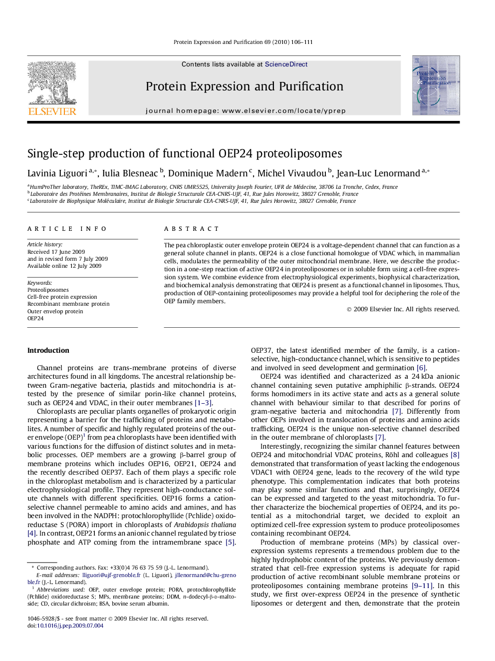 Single-step production of functional OEP24 proteoliposomes