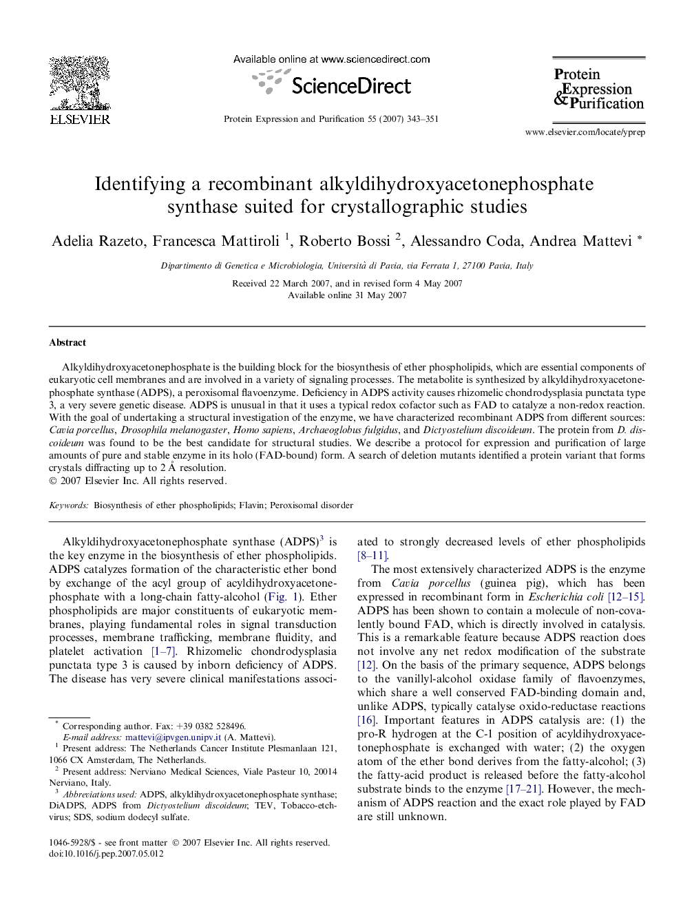 Identifying a recombinant alkyldihydroxyacetonephosphate synthase suited for crystallographic studies