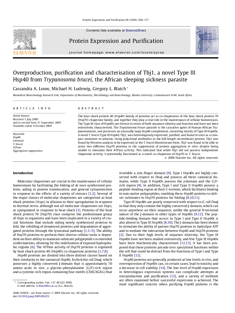 Overproduction, purification and characterisation of Tbj1, a novel Type III Hsp40 from Trypanosoma brucei, the African sleeping sickness parasite