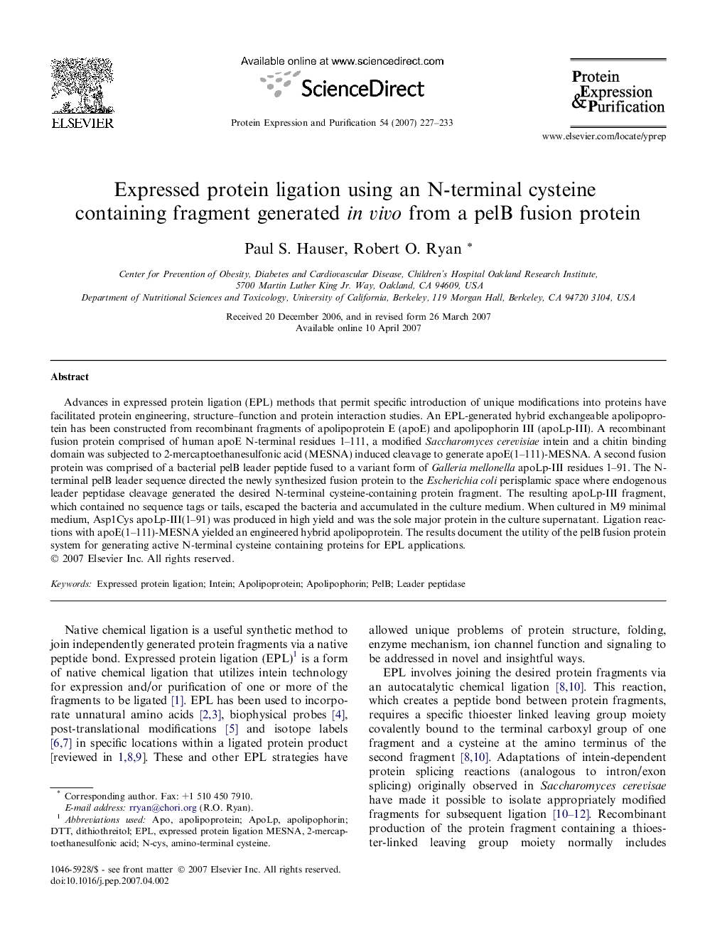 Expressed protein ligation using an N-terminal cysteine containing fragment generated in vivo from a pelB fusion protein