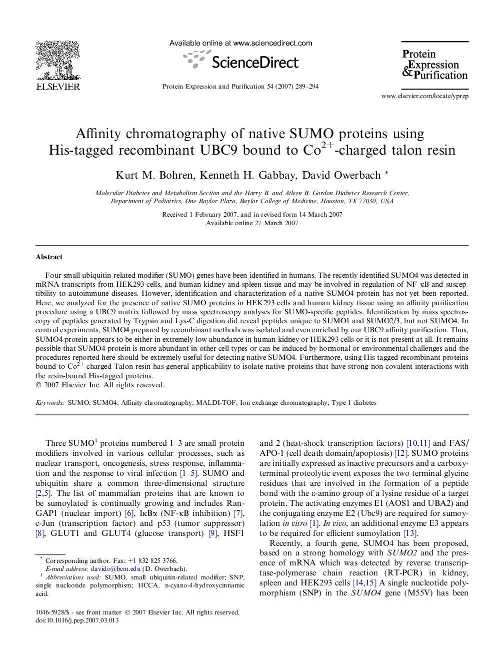 Affinity chromatography of native SUMO proteins using His-tagged recombinant UBC9 bound to Co2+-charged talon resin