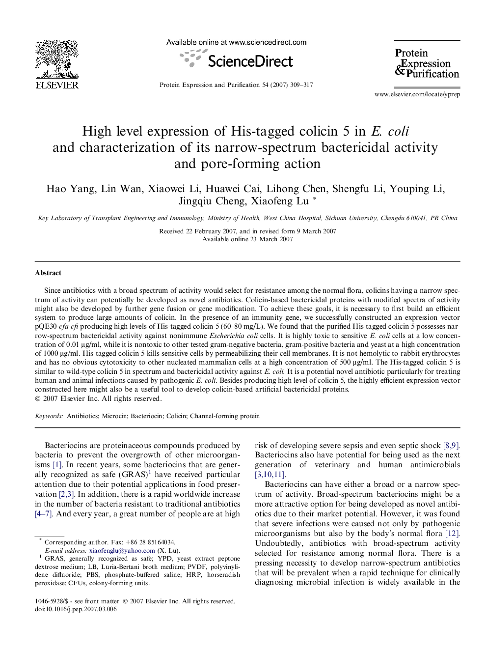 High level expression of His-tagged colicin 5 in E. coli and characterization of its narrow-spectrum bactericidal activity and pore-forming action