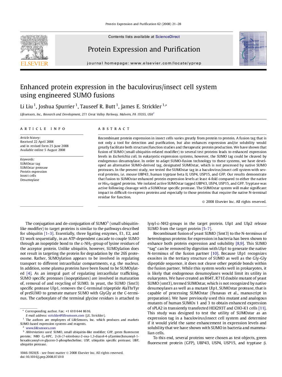 Enhanced protein expression in the baculovirus/insect cell system using engineered SUMO fusions