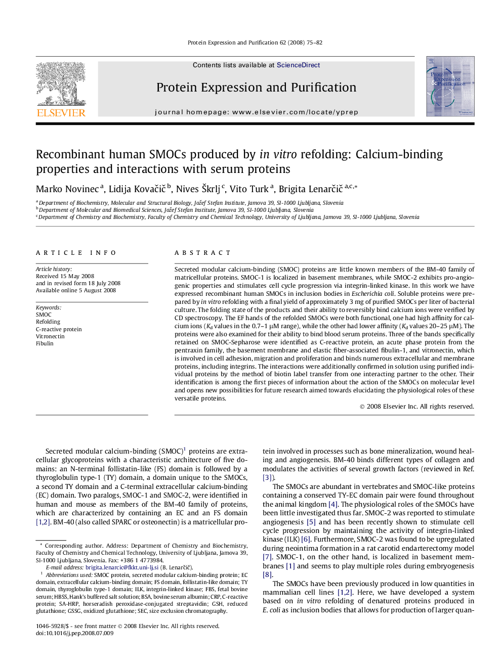 Recombinant human SMOCs produced by in vitro refolding: Calcium-binding properties and interactions with serum proteins