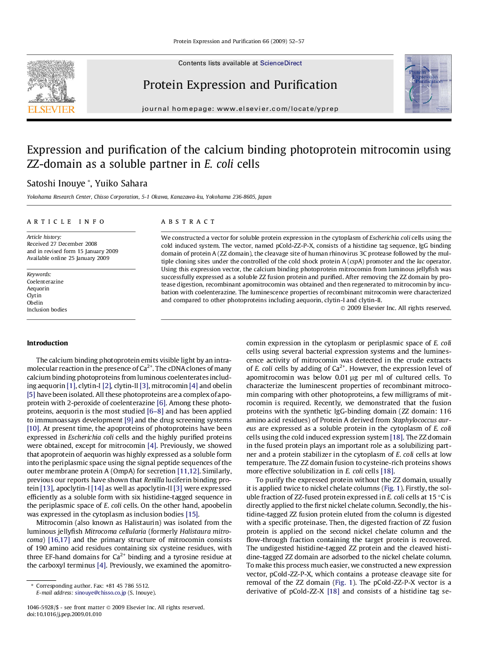 Expression and purification of the calcium binding photoprotein mitrocomin using ZZ-domain as a soluble partner in E. coli cells