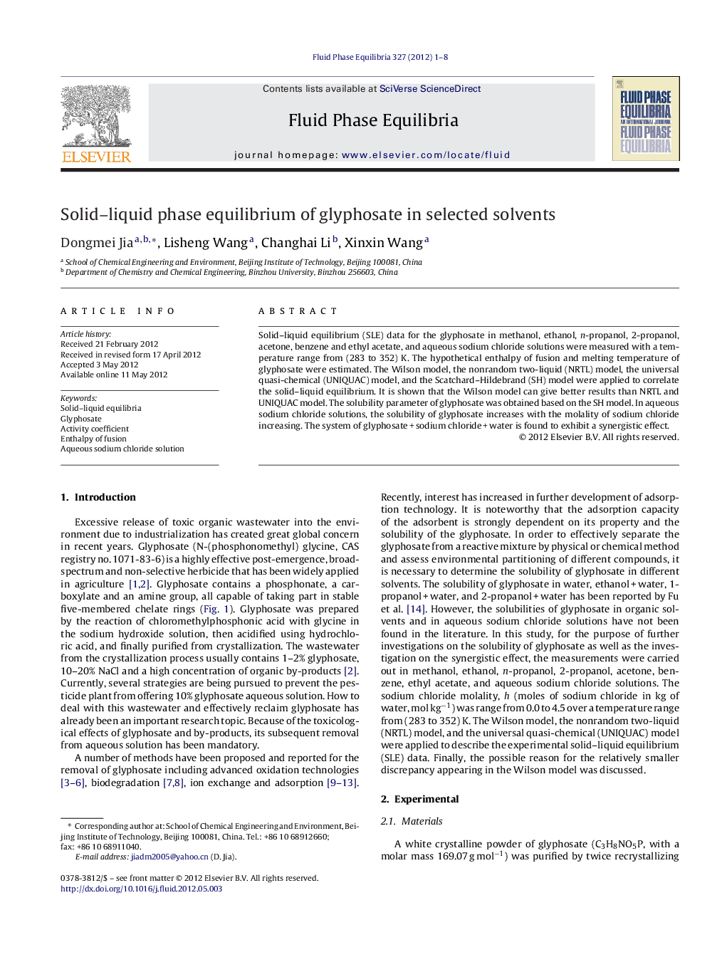 Solid–liquid phase equilibrium of glyphosate in selected solvents