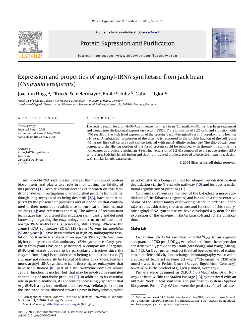 Expression and properties of arginyl-tRNA synthetase from jack bean (Canavalia ensiformis)