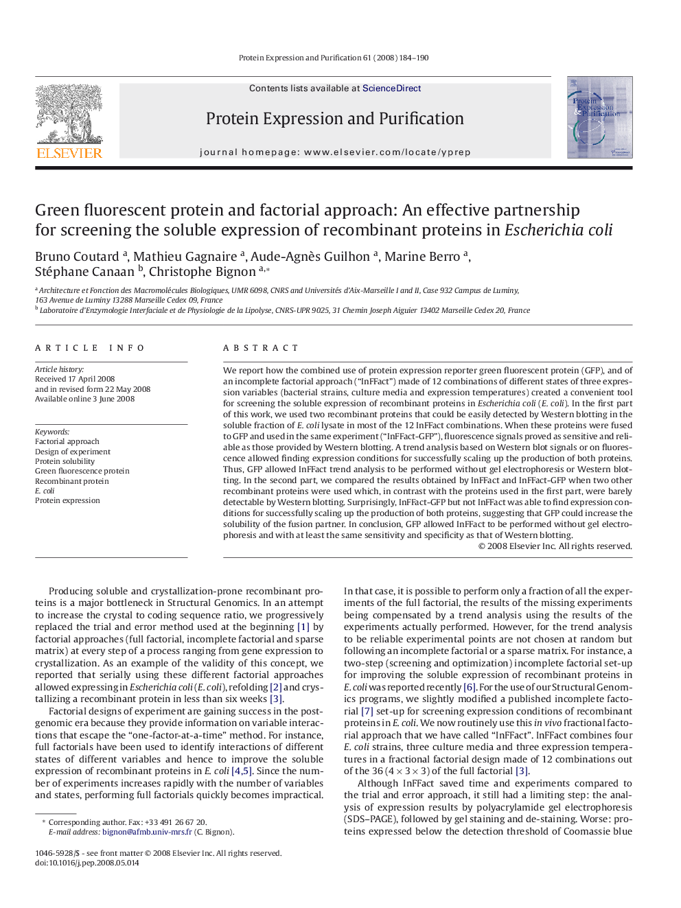 Green fluorescent protein and factorial approach: An effective partnership for screening the soluble expression of recombinant proteins in Escherichia coli