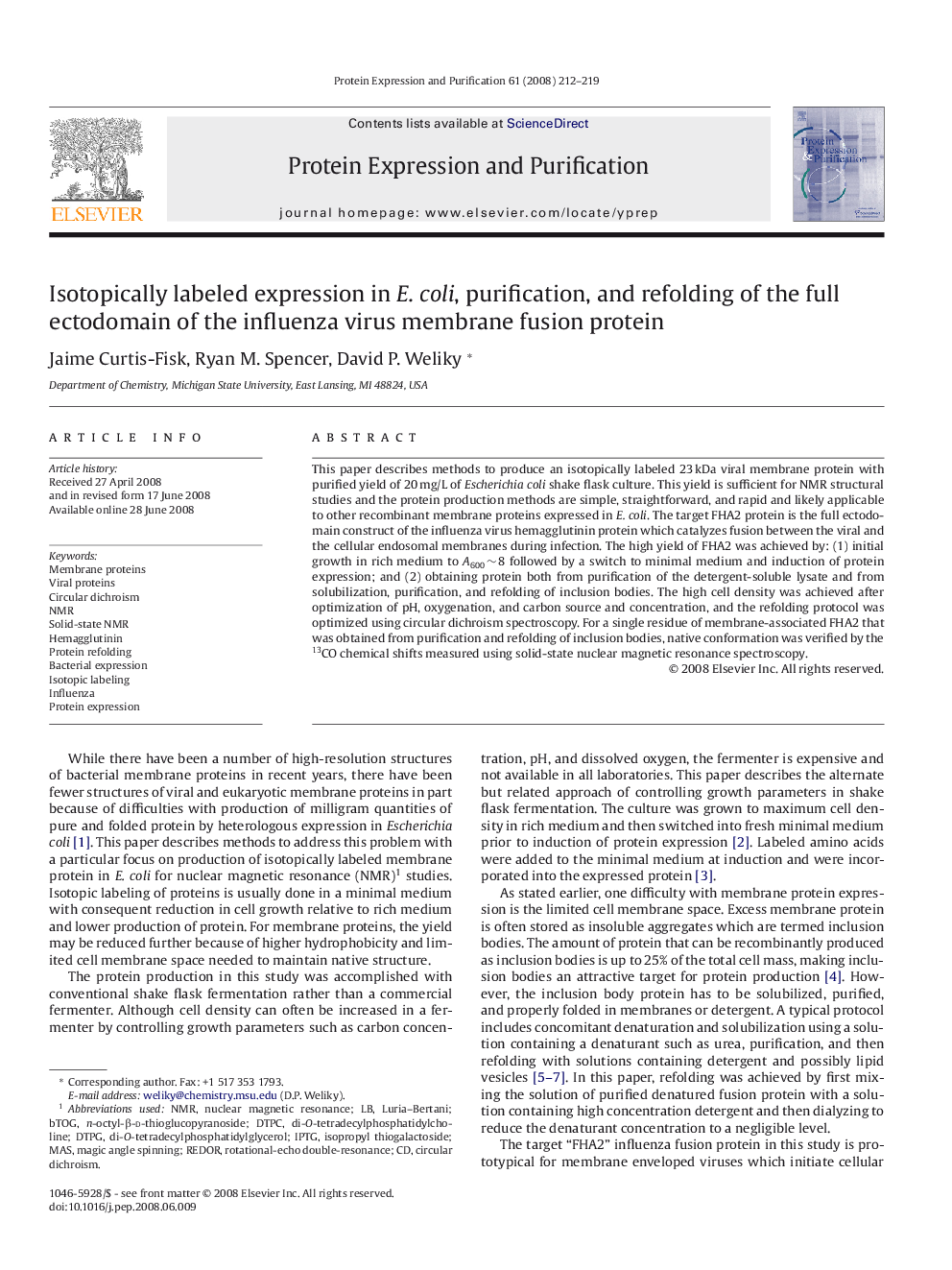 Isotopically labeled expression in E. coli, purification, and refolding of the full ectodomain of the influenza virus membrane fusion protein