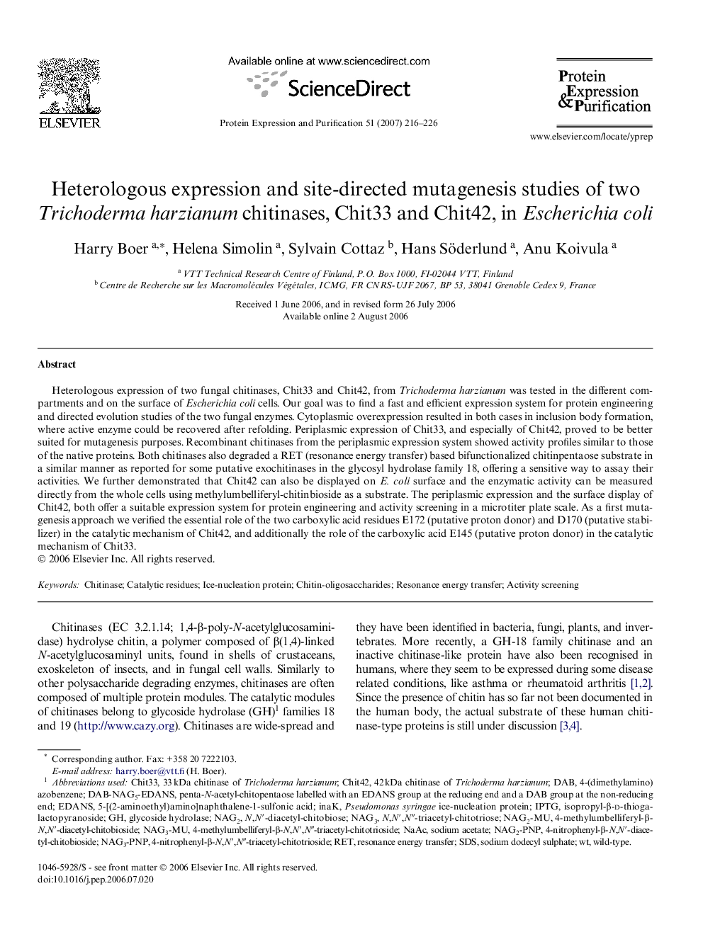 Heterologous expression and site-directed mutagenesis studies of two Trichoderma harzianum chitinases, Chit33 and Chit42, in Escherichia coli